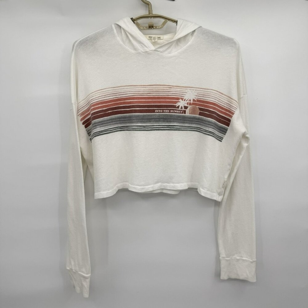 Billabong Boyfriend Crop Tee Hoodie White Palm Tree Sunset Long Sleeve Small